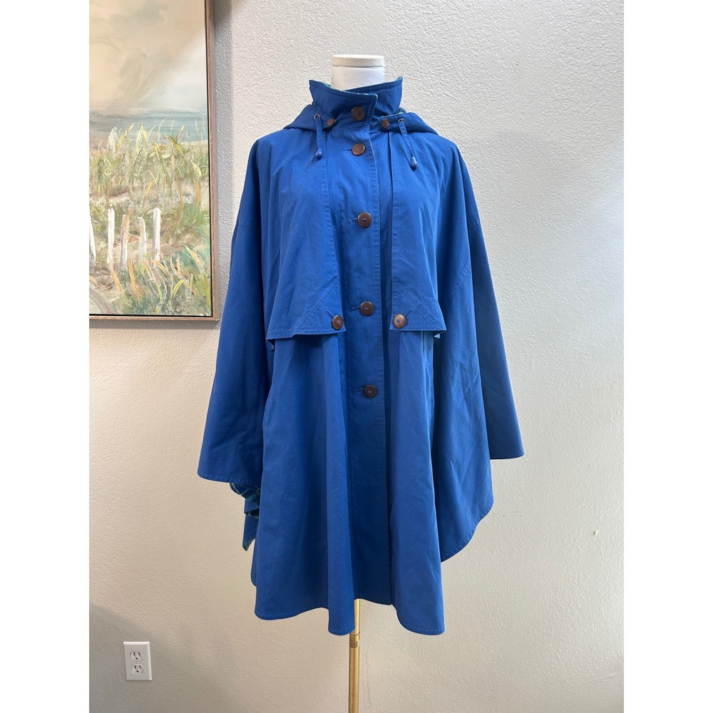 Reversible Hooded Rain Cape Blue Solid and Green Plaid Button Front Poncho